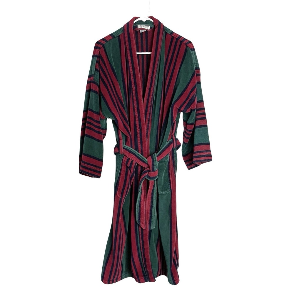 Vtg Cambridge Classics Heavy Terrycloth Robe OS Burgundy Green Cotton Belted